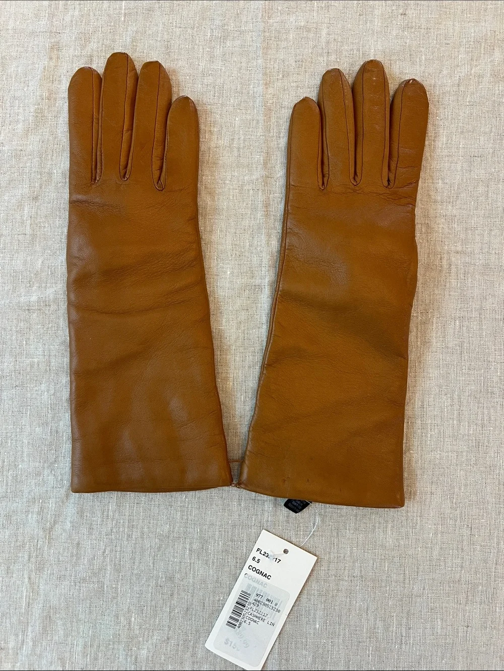 Saks Fifth Avenue Cognac Leather & Cashmere Gloves. Size 6.5. NWT. Italian made